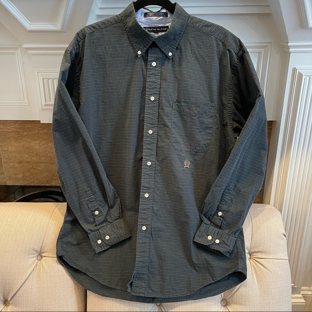 I:  Vtg Tommy Hilfiger Long Sleeve Button Down Shirt Green Blue Checkered Sz L